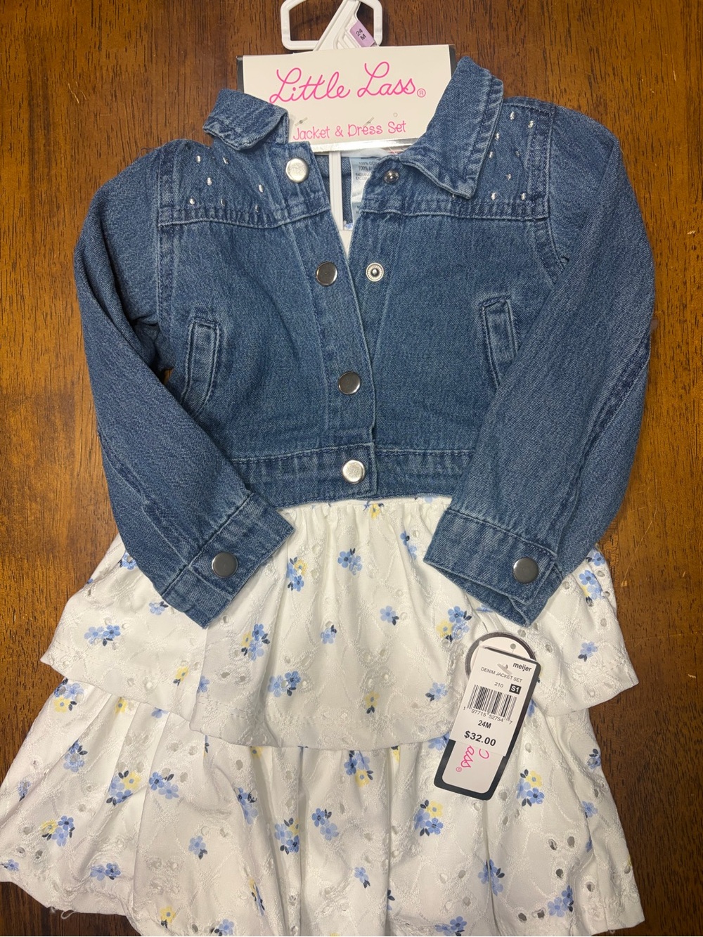 Little Lass Blue Denim Jacket with White Floral Tiered Dress